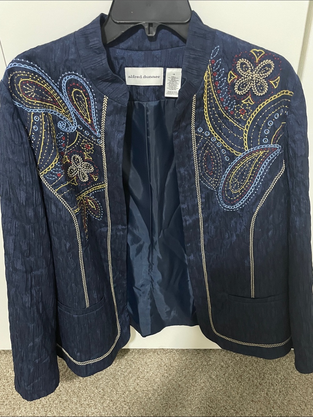 Alfred Dunner Navy Embroidered Open-Front Blazer Size 16